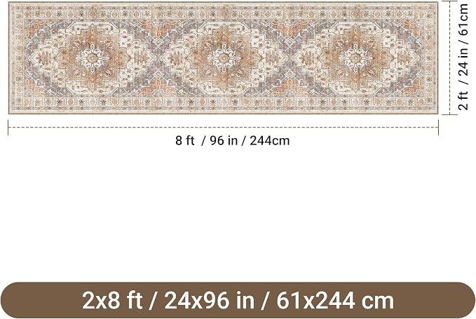 befbee 2x8 Runner Rug Washable Hallway Runner Rug Ultra-Thin Soft Kitchen Rug Non Slip Indoor Floor Foldable Carpet with Low Pile for Bathroom Laundry Room Living Room Entryway(Turmeric/Grey,2'x8')