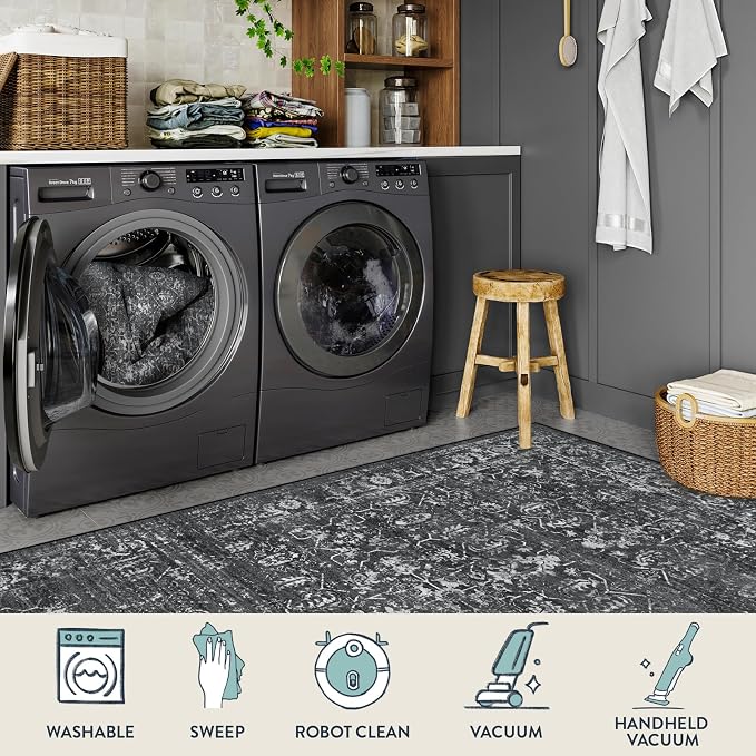 Lahome Margot 6x9 Area Rugs Washable Rugs for Bedroom Large Black Area Rug for Bedroom,Soft Vintage Distressed Rug Non Slip Stain Resistant Indoor Carpet for Dining Decor