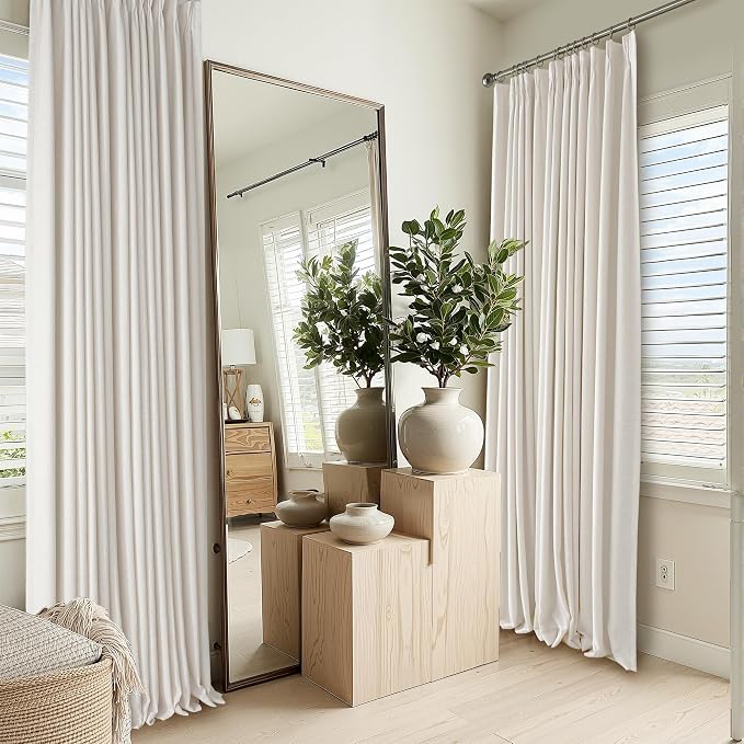 RYB HOME 100% Blackout Pinch Pleated Linen Curtains for Bedroom Living Room, Linen Textured Fabric with Liner Thermal Insulated for Sliding Glass Door, Cream White, 40" W x L102 L, 2 Panels Set