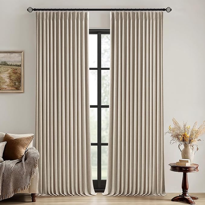 MIULEE Sand Pinch Pleated 100% Blackout Linen Curtains 108 Inch Long 2 Panels Set, Black Out Memory Trained Pleat Curtains Light Blocking Room Darkening Drapes for Bedroom Living Room Window
