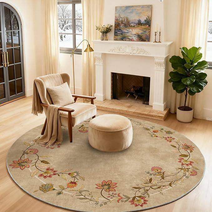 Washable Bedroom Round Rug 4ft: Living Room Circle Rug Stain Resistant Non Slip Low Pile Soft Faux Wool Small Area Rugs for Bedroom Kitchen Bathroom Entryway Kids Room Entrance Nursery Dorm Office