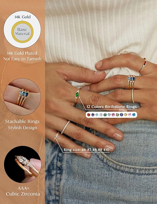 FUNEIA Gold Birthstone Rings for Women Non Tarnish Trendy Stackable Gold Rings that Don't Tarnish Dainty Emerald Green Gemstone Cubic Zirconia Wedding Engagement Ring for her Birthday Gifts Jewelry