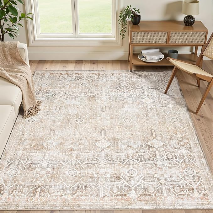Colliive Area Rug for Living Room 6x9, Machine Washable Neutral Farmhouse Rugs for Bedroom, Soft Non-Slip Low Pile Indoor Floor Accent Carpet for Office Entryway Nursery Dining Room - Beige
