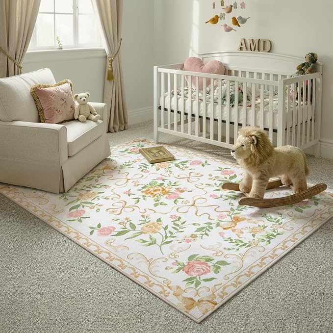 Collive Floral Rugs for Girls, 5x7 Boho Gold Bow Washable Area Rug for Living Room, Cute Ultra-Thin Non Slip Indoor Decor Carpet for Nursery Kids Room Bedroom Playroom