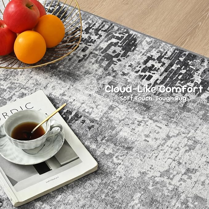 3x8 Grey Rug Runners for Hallways Kitchen Runner Rug Non Slip Washable Black Long Runner Rugs with Rubber Backing Soft Abstract Carpet Runner for Bedroom, Kitchen, Bathroom, Entryway