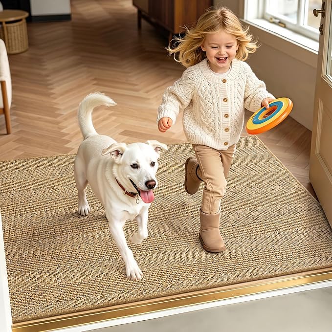 LUMI Indoor Door Mat 32"x48", Non-Slip Handwoven Sisal Rug, Herringbone | Handcrafted Natural Sisal Fibers, Reinforced Edges Resist Fraying, 0.2" Low-Profile Doormat, Dot-Coated Non-Slip Backing