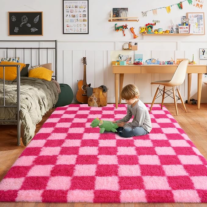 Pionblank Fluffy Area Rug for Bedroom 5x7, Modern Indoor Shag Carpet, Soft Plush Non Slip Checkered Rugs for Living Room Kids Room Home Decor, Hot Pink