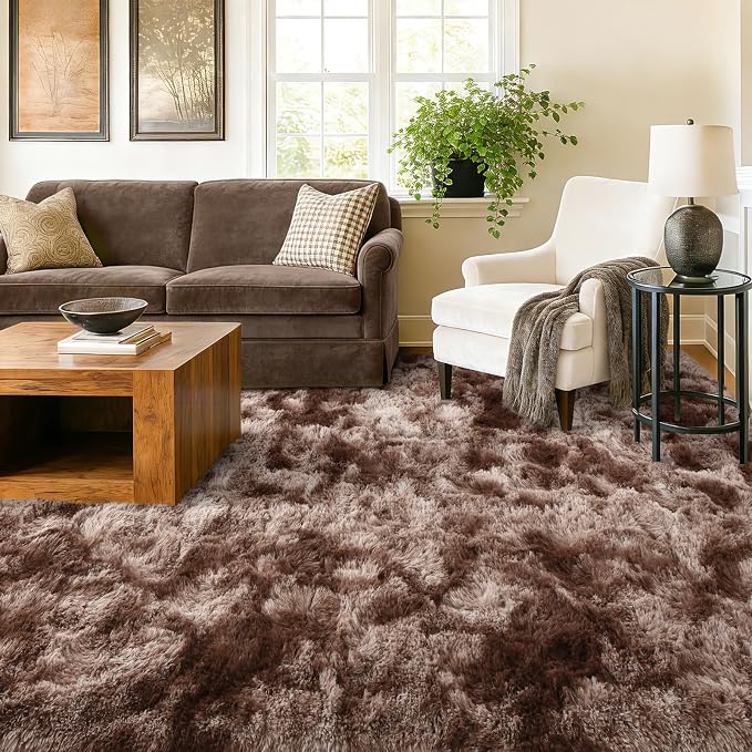 Extra Large 8x10 Area Rugs for Living Room Decor, Non-Slip Shaggy Tie-Dyed Rugs for Bedroom Kids Playroom Dorm Room, High Pile Ultra Soft Carpet, Brown
