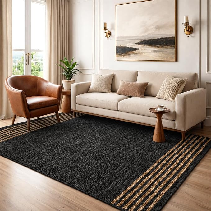 GRUHUM Black Jute Area Rug 8x10ft - Natural Fiber Black Leather Rectangular Handwoven Boho Farmhouse Soft Braided Eco Friendly Vintage Rugs for Indoor Living Room Bedroom Kitchen Hallways 8'x10' Large