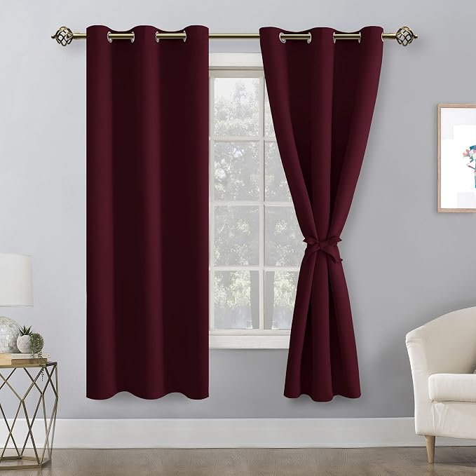Hiasan Blackout Curtains for Bedroom, 38 x 63 Inches Length - Thermal Insulated & Light Blocking Window Curtains for Living Room Christmas Decor, 2 Drape Panels Sewn with Tiebacks, Burgundy