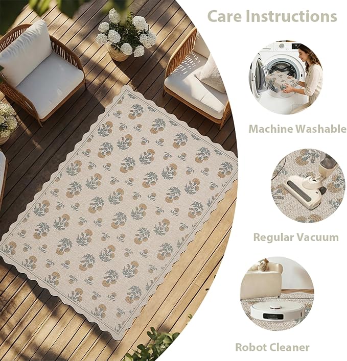 ORTIGIA Scalloped Easy Jute 5x7 Area Rug Vintage Yellow Floral Farmhouse Washable Rug Non-Slip Indoor Outdoor Carpet for Living Room Bedroom Patio Entryway