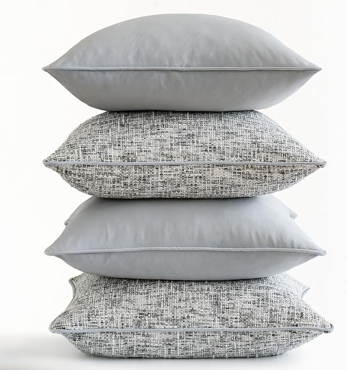a moment Grey 4 Pack Throw Pillow Covers - Chenille & Velvet Set with Piping, Farmhouse Textured Design Pillow Cases for Couch Sofa Bed Livingroom (16x16 Inch, No Insert)