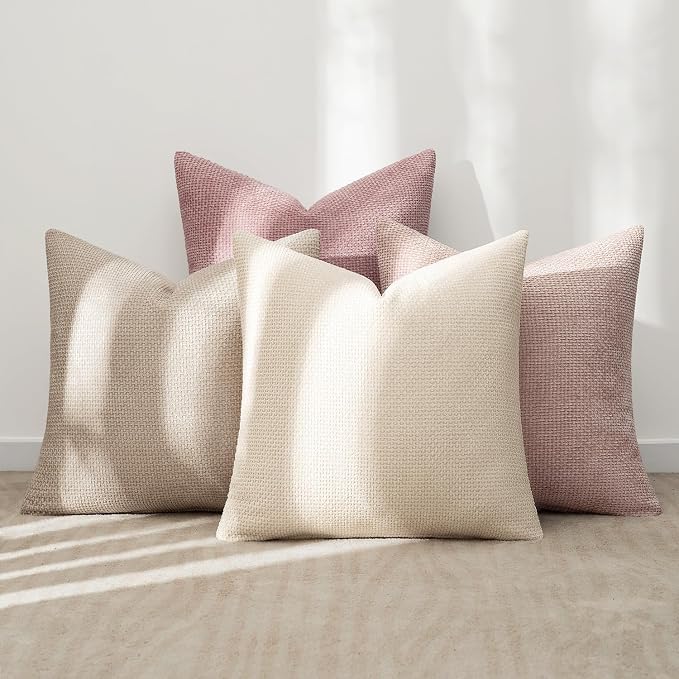 MIULEE Pack of 4 Valentines Couch Throw Pillow Covers 16x16 Inch Neutral Pink Cute Decorative Chenille Pillows Farmhouse Boho Accent Cushion Covers for Coquette Room Spring Decor Sofa Bed Living Room
