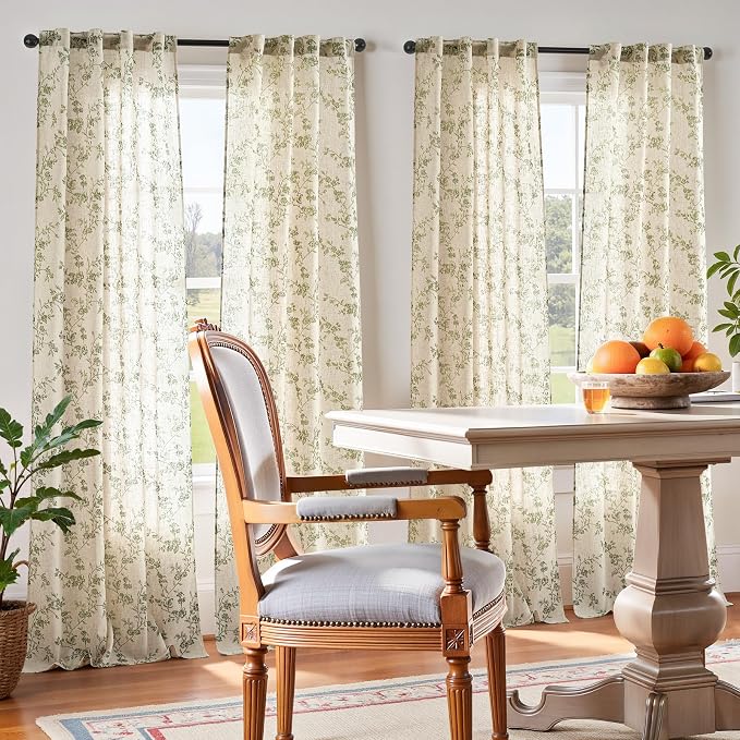 jinchan Green Floral Linen Curtains 96 Inch Flower Drapes Back Tab 2 Panels | Green on beige, light filtering, semi sheer, farmhouse, rustic, country, bedroom, living room, dining room, window treatment