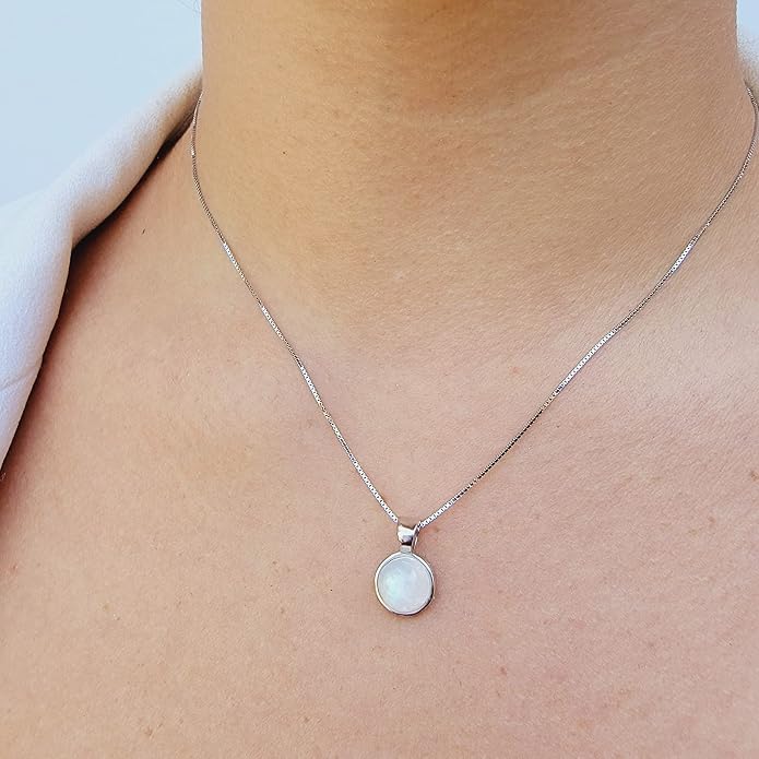 Natural gemstone 8mm round pendant with white gold over 925 sterling silver bezel cabochon plate and box chain, real genuine dainty birthstone gift for her, uniquelan jewelry