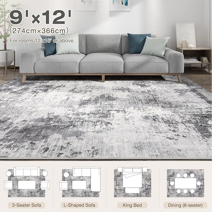Abstract 9x12 Area Rug: Machine Washable Non Slip Ultra Thin Low-Pile Carpet, Soft Stain Resistant for Living Dining Room Bedroom, Kid Pet Friendly, Robot Vacuum Compatible - Grey
