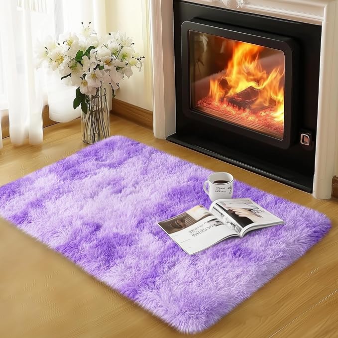 qulint 2x3 Purple Rugs for Bedroom, Fluffy Small Rug for Living Room | Soft Shag Tie-dyed Purple Nursery Rug, Fuzzy Shaggy Alfombra for Kid Room Rug Dorm Classroom Home Decor
