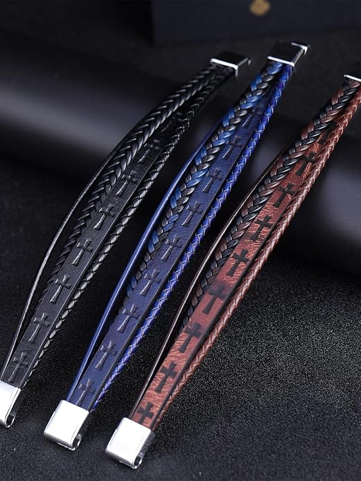 Mens Leather Cross Bracelet Multilayer Braided Wristband Bangle Bracelets with Stainless Steel Buckle Religious Gift for Men Brown/Black/Blue–8.3 inch