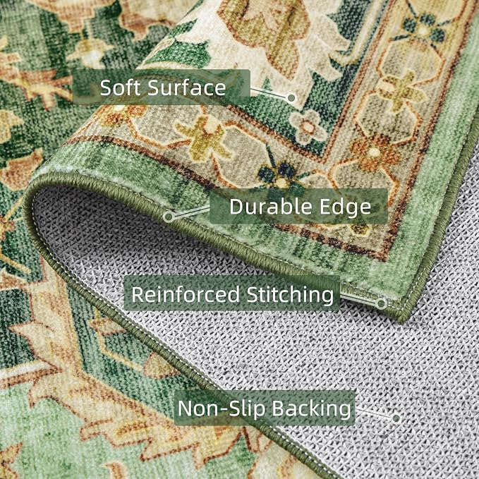 6x9 Vintage Rugs for Dining Room, Washable Rugs Non Slip Large Area Rug for Living Room Bedroom Office, Floor Decoration Big Rug Mat Low-Pile Kid & Pet Friendly(Border Green)