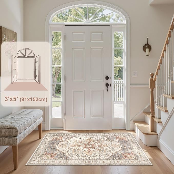 Tortania Area Rug Living Room Rugs - 3x5 Washable Rug Vintage Oriental Distressed Farmhouse Small Thin Indoor Carpet for Living Room Bedroom Under Dining Table Home Office - Orange Multi
