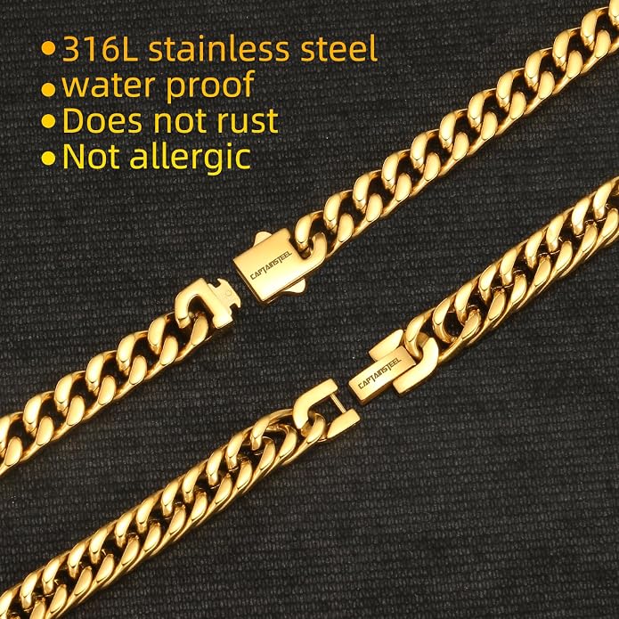 CaptainSteeL 2Pcs Cuban Link Chain Bracelet Set - Stainless Steel Bracelet, Gold Plating, Fashion Jewelry for Men, Women, Boyfriend, Lover, 7.5/8.3/9 Inches