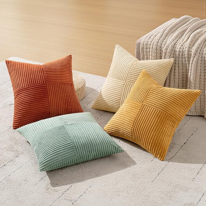 MIULEE Fall Teal-Orange Decorative Throw Pillow Covers 16x16 Inch Set of 4 Boho Corduroy Striped Cushion Cases Modern Farmhouse Patchwork Pillow Cases for Couch Sofa Bedroom Home Decor