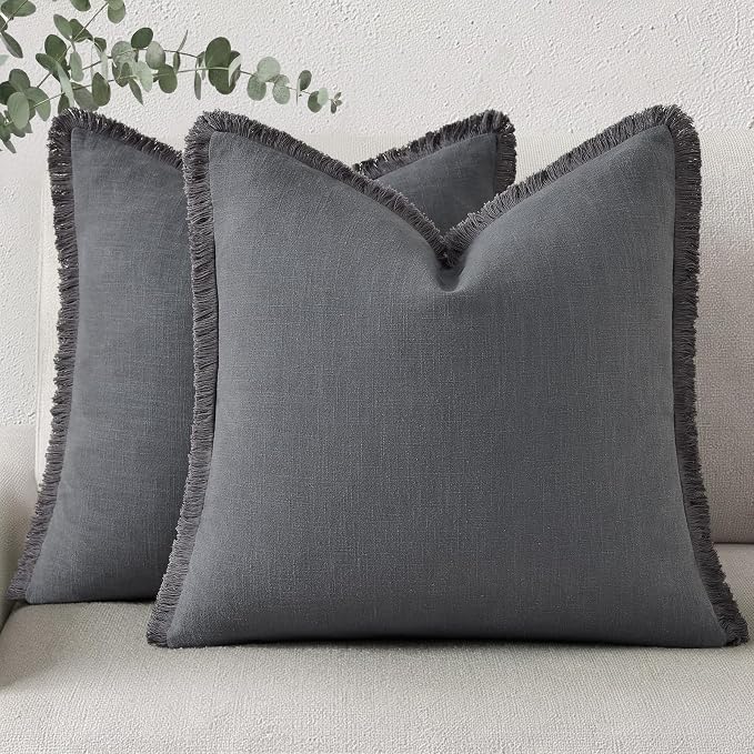decorUhome Linen Fringe Dark Grey Throw Pillow Covers 24x24 Set of 2 | Euro Sham Decorative Soft Accent Modern Boho Farmhouse Cushion Covers with Tassels Cotton Pillow Covers for Couch Bed Sofa