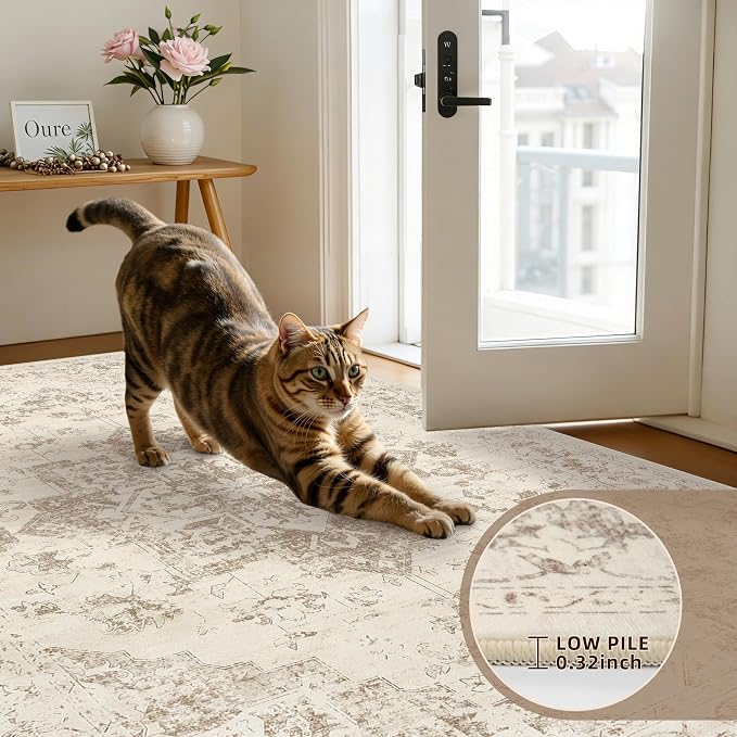 2'6''x8' Hallway Washable Runner Rug: Vintage Boho Neutral Kitchen Rug Soft Small Area Rug Indoor Floor Non-Slip Low Pile Carpet for Farmhouse Entryway Laundry Bathroom Bedroom Beside Rugs Beige/Ivory