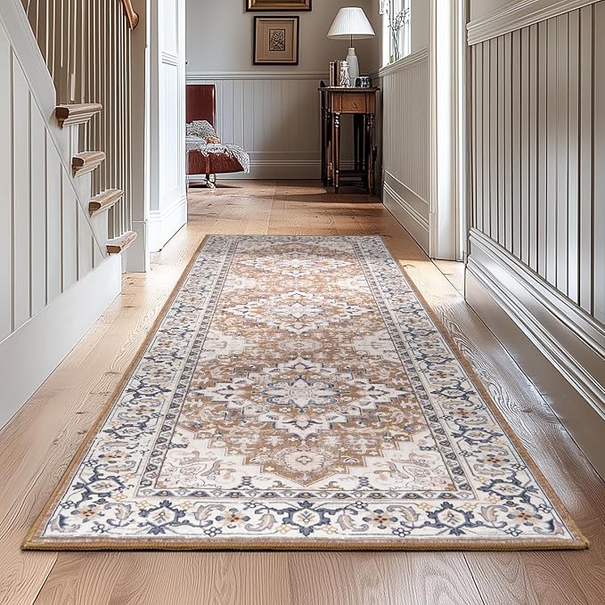 Lessymo Runner Rug for Hallway, Machine Washable Area Rugs Boho Faux Wool Low Pile Area Rug for Bedroom, Floral Medallion Vintage Rugs with Non-Slip Rubber, Brown Beige