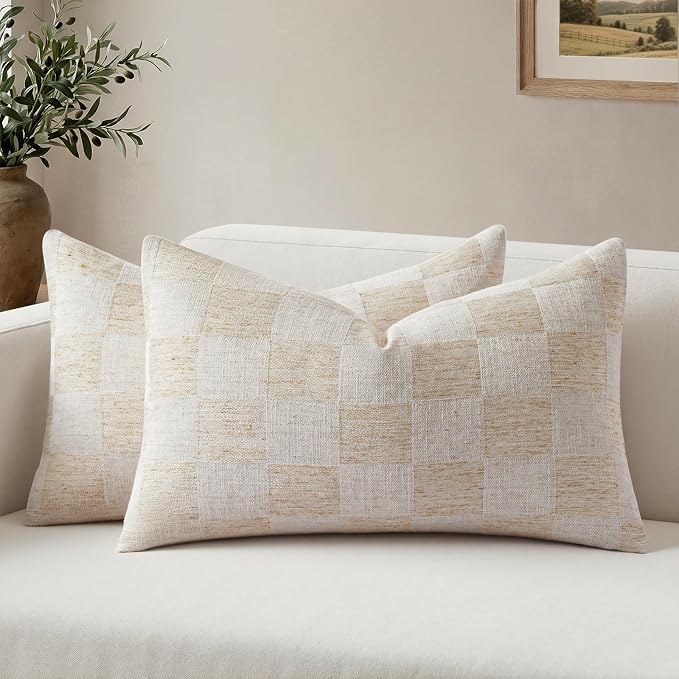 a moment Set of 2 Decorative Linen Throw Pillow Covers,Large Grid Textured Neutral Boho Farmhouse Cushion Covers,Soft Aesthetic Pillowcases for Couch Sofa Living Room Home Decor,20x12 Inch,Beige