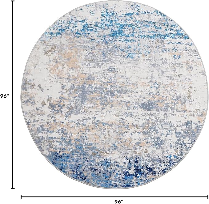 ROYHOME Modern Abstract 8x8 Round Area Rug Non Slip Non Shedding Rug Low Pile Stain Resistant for Bedroom Living Room Office Dining Room,Blue/Grey