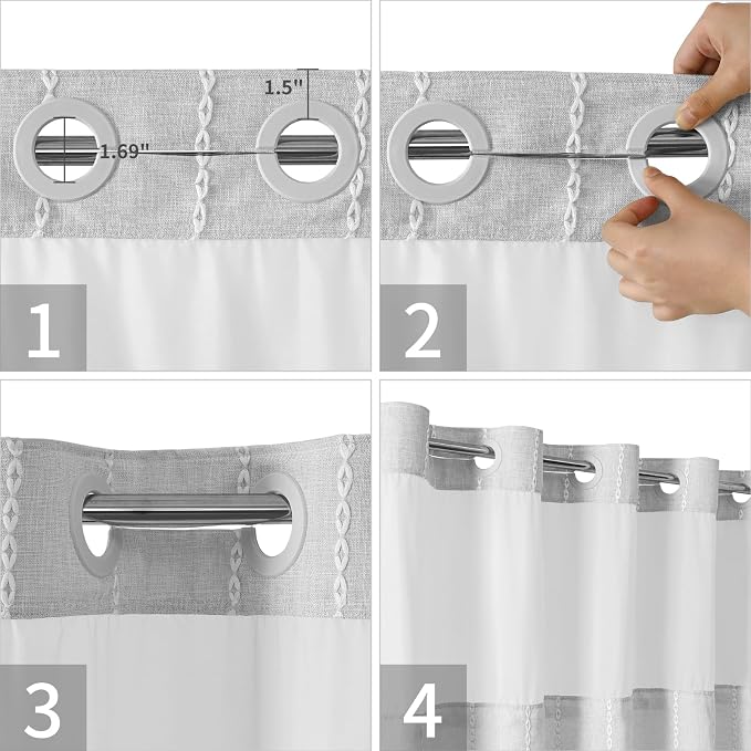 eachope No Hook Extra Long Shower Curtain Set with Snap-in Liner,Linen Textured Thick Striped Fabric with Tassels,Boho Chic Modern Farmhouse Bathroom Curtain,Water-Repellent,Grey/Gray,71x86