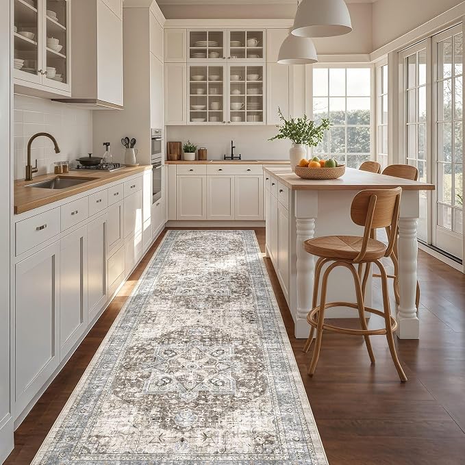 Tortania Area Rug 2x6 Runner Rugs - Washable Vintage Oriental Farmhouse Thin Indoor Carpet for Living Room Bedroom Hallway Entryway Kitchen Under Dining Table Home Office - Brown Blue