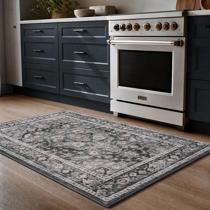 AMOAMI-2X3 Small Rug-Washable Rugs Entryway Mat Indoor-Soft Vintage Non Slip Rugs for Kitchen Laundry Room Bathroom Dark Grey & Black Decorative Accent Rug for in Front of Sink 24 Inch x36 Inch