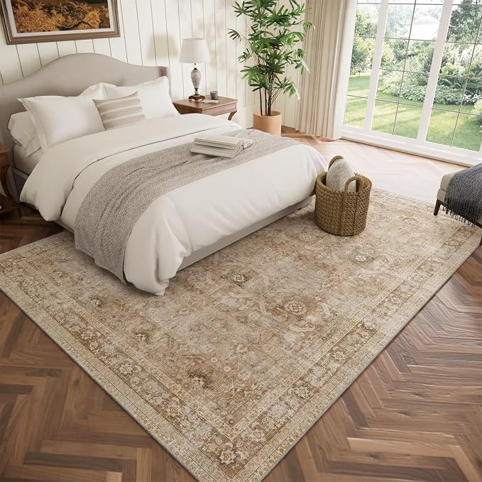 Boho Washable 5x7 Area Rugs for Living Room, Cushioned, Brown | Vintage Non-slip Rugs for Bedroom Dining Room Nursery Office, 0.3" Neutral Oriental Throw Thin Carpet, Brown