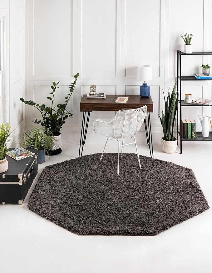 Unique Loom Solid Shag Collection Area Rug (4' Octagon, Graphite Gray)