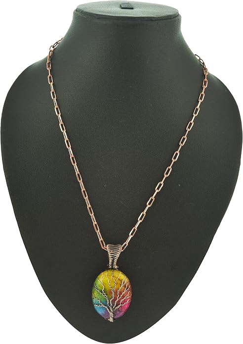 Tree Of Life Natural Gemstone Pendant Copper Wire Wrapped Jewelry Necklace