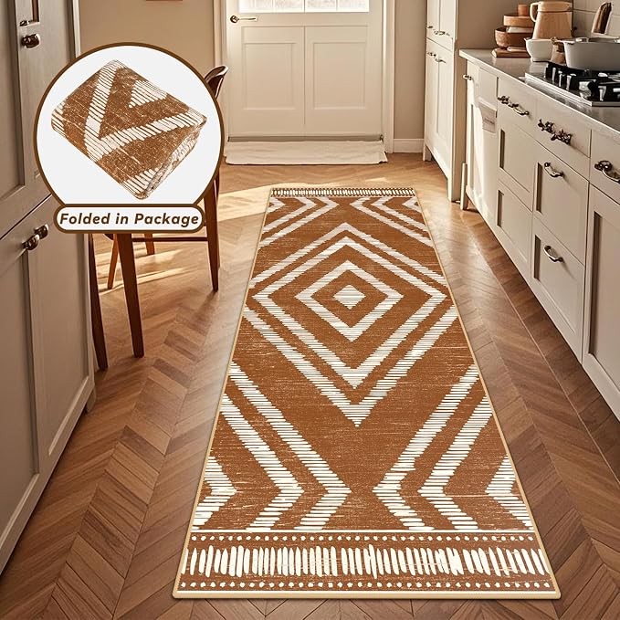 Boho Runner Rugs 2x6ft Non Slip, Brown Washable Rug with Rubber Backing, Soft Moroccan Farmhouse Kitchen Runner, Low Pile Geometric Floor Carpet for Hallway Bedroom Bathroom