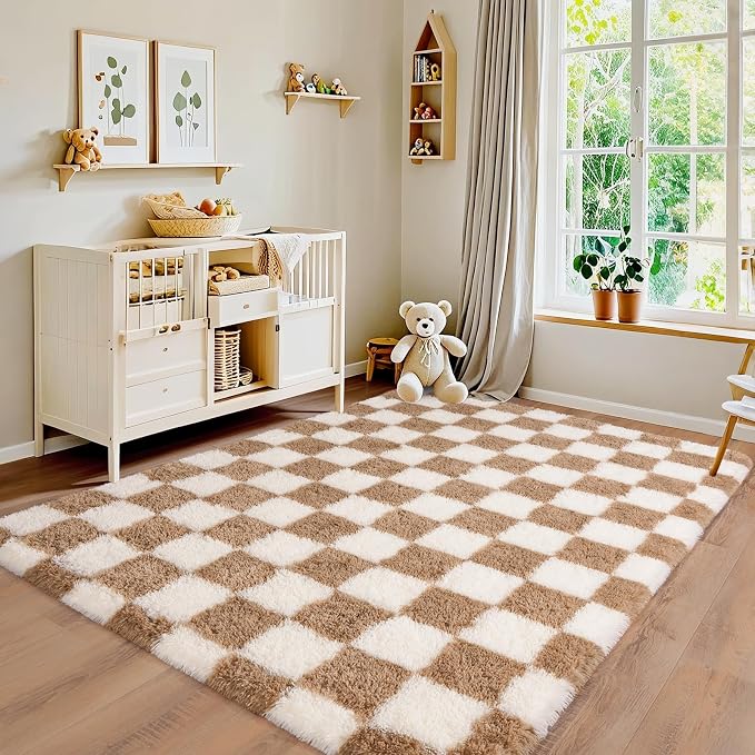 Pionblank Checkered Rug for Bedroom 4x6, Modern Shag Carpet, Soft Plush Non Slip Fluffy Rugs for Living Room Kids Room Home Decor, Beige and Cream White