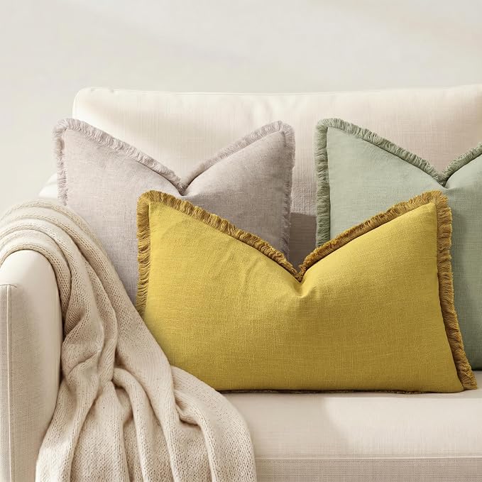 decorUhome Linen Fringe Mustard Yellow Throw Pillow Covers 12x20 Set of 2 | Decorative Soft Accent Modern Boho Farmhouse Lumbar Cushion Covers with Tassels Cotton Pillow Covers for Couch Bed Sofa