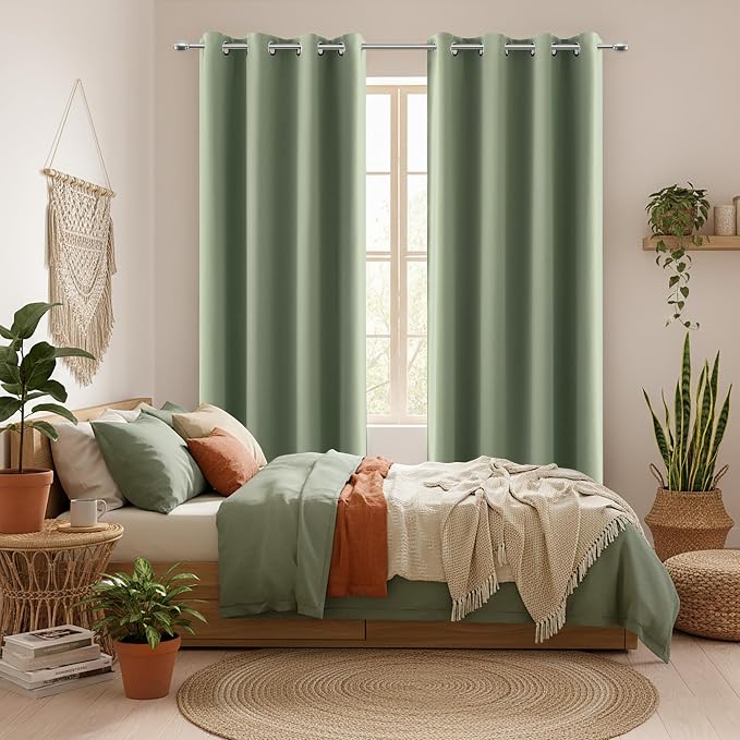 KOUFALL Sage Green Boho Blackout Curtains 72 Inch Length for Bedroom 2 Panels Set Home Office Organic Decor Grommet Thermal Room Darkening Living Room Window Black Out Curtains 72 Inch Long