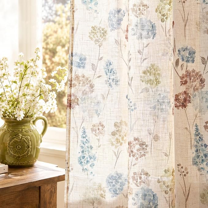 jinchan Floral Linen Curtains 84 Inch Vintage Cottagecore Back Tab 2 Panels | Light filtering drapes, semi sheer, farmhouse, botanical, watercolor, living room, bedroom, rod pocket, window treatment