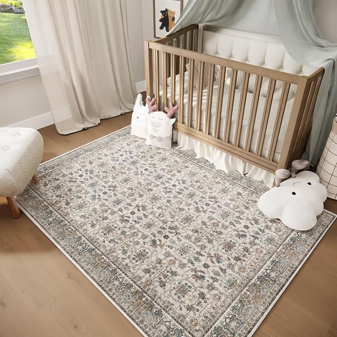 Washable 2x3 Entryway Rug, Boho Vintage Non-Slip Door Mat, Cream/Blue | 0.3" Neutral Throw Small Rugs for Bedroom Kitchen Nursery Entrance, Cushioned for High-traffic Area