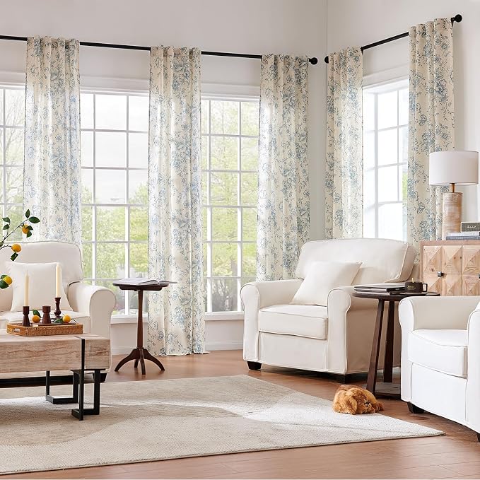 jinchan Blue Floral Linen Curtains 96 Inch Farmhouse Back Tab 2 Panels | Light filtering drapes, semi sheer, farmhouse, cottagecore, rustic, living room, bedroom, rod pocket, window treatment