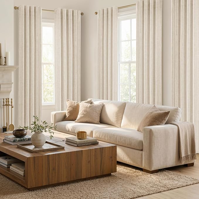 MIULEE Thick Linen Curtains, 42Wx108L, Back Tab, Cream Ivory Semi Sheer | Linen Textured Light Filtering Window Privacy Drapes with Rod Pocket for Farmhouse/Living Room/Bedroom, Set of 2