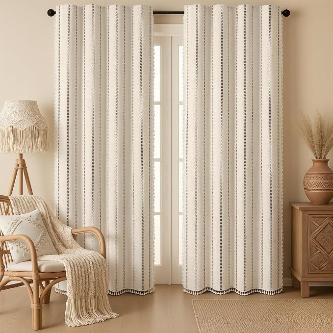 Beige Boho Blackout Curtains 2 Panels 90 Inch for Living Room Bedroom, Linen Texture Farmhouse Curtains with Tassels and Black Cotton Embroidery Vintage Rustic Western Rod Pocket