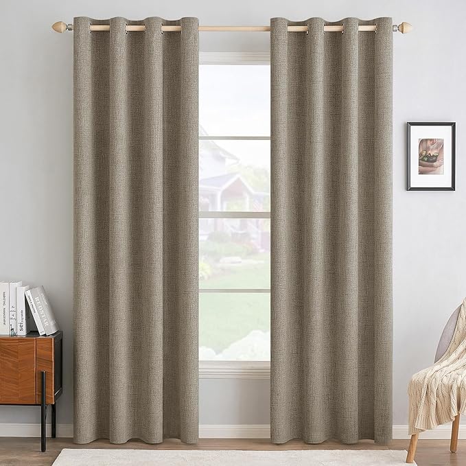 MIULEE 100% Blackout Linen Textured Curtains for Bedroom Solid Thermal Insulated Faux Linen Grommet Room Darkening Curtains & Drapes Luxury Decor for Living Room 52 x 84 Inch (2 Panels)
