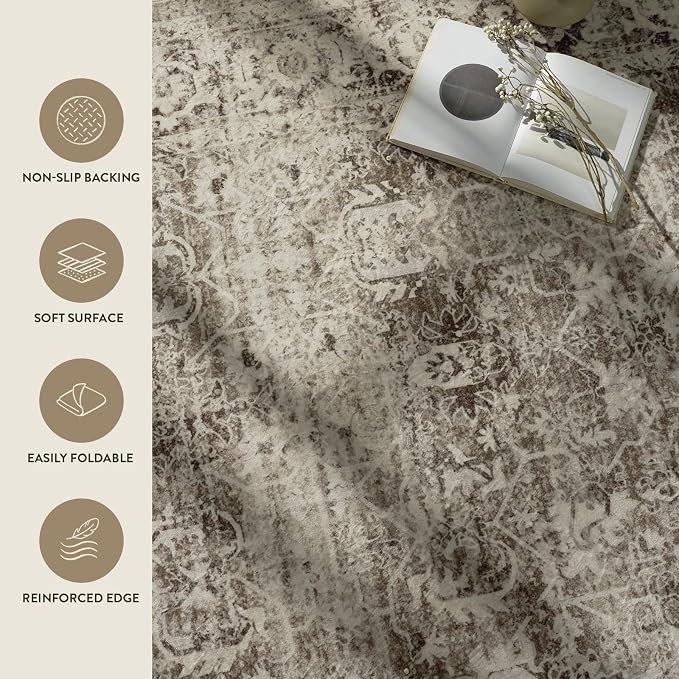 Lahome Margot Beige Washable Rugs for Living Room 8 x 10 Large Living Room Rug Indoor Carpet, Boho Vintage Distressed Non Slip Low Pile Bedroom Carpet for Dining Room Office Playroom (8x10, Beige)
