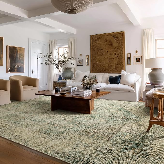 Machine Washable Rugs for Living Room: 10x14 Area Rugs for Bedroom Ultra Soft Non-Slip Low Pile Vintage Distress Boho Large Carpet for High-Traffic Dining Room - Farmhouse Decor