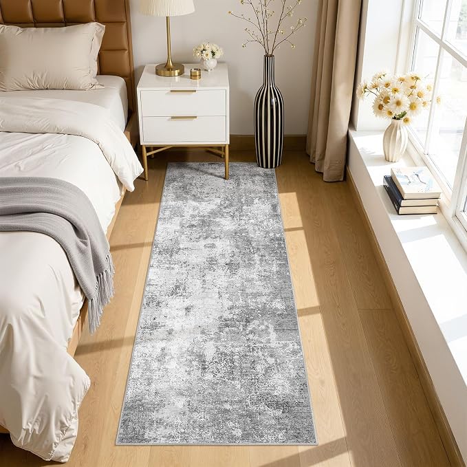 Machine Washable Runner Rug 2x6, Non Slip Soft Rug for Hallway | Modern Abstract Carpet, Stain Resistant and Kid & Pet Friendly, Joint-Friendly Indoor Rug, Made for Kitchen, Bathroom - Gray